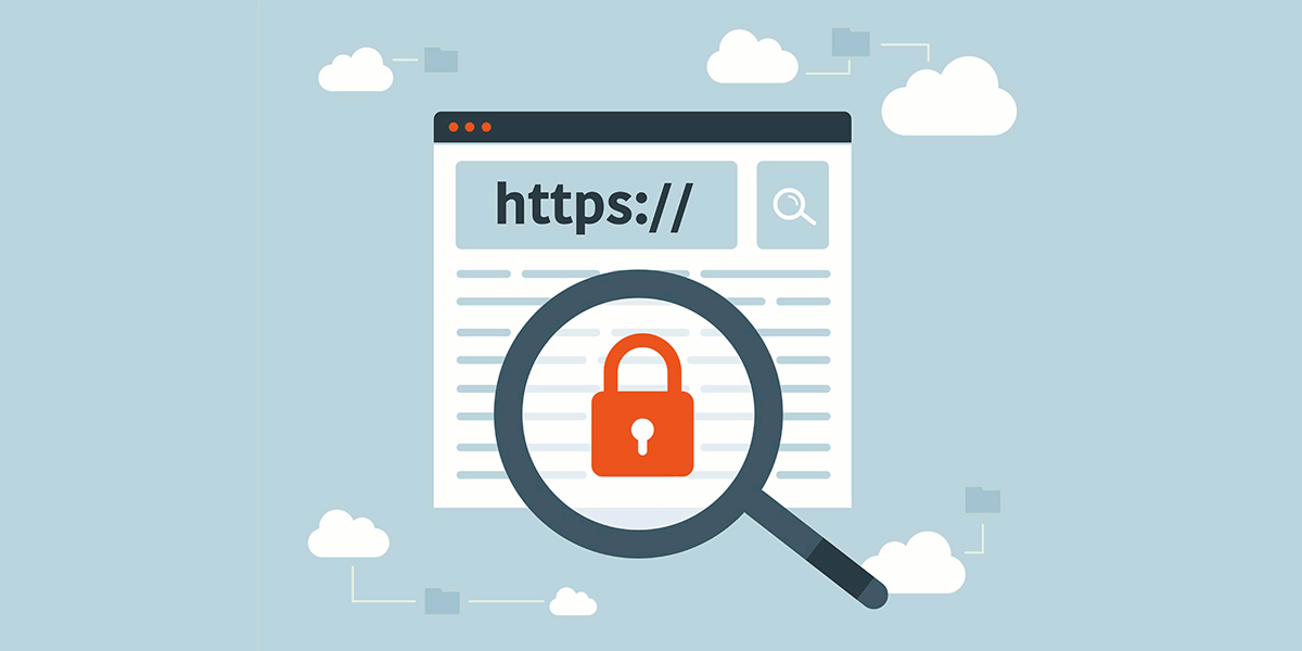 Stylized illustration of a search bar showing https encryption.