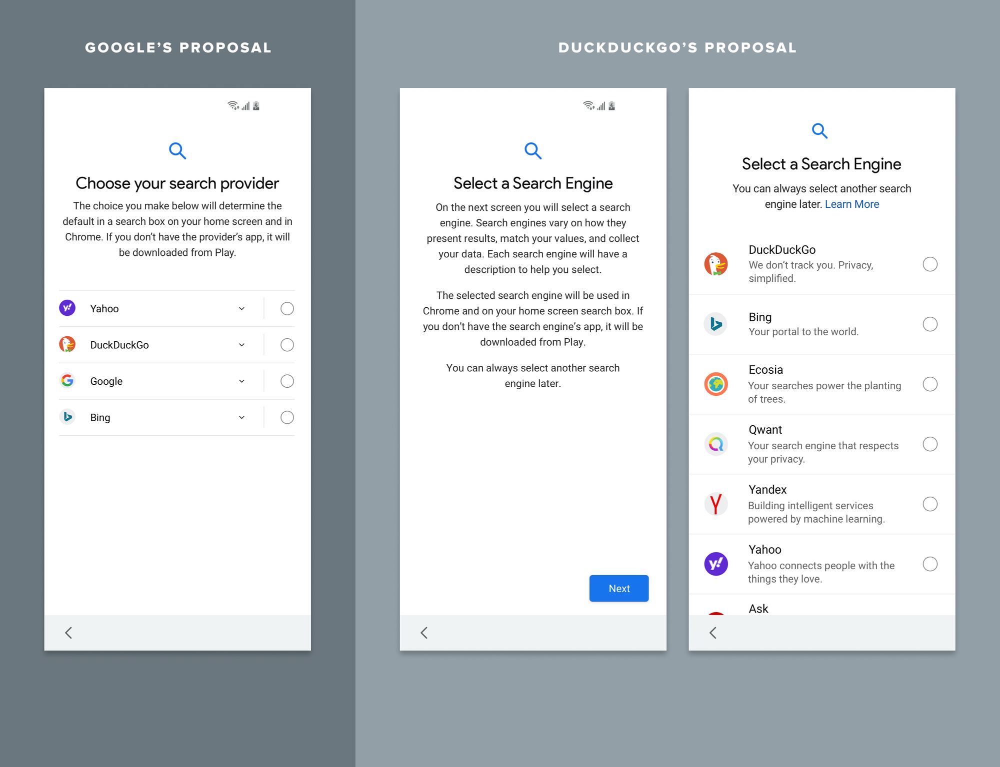Diagram showing proposals for a search engine preference menu from Google and DuckDuckGo.