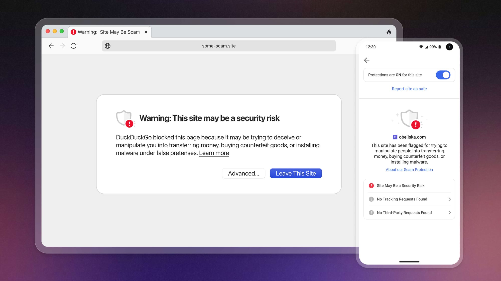 Scam Blocker warning message that explains why a hypothetical scam site is a security risk.