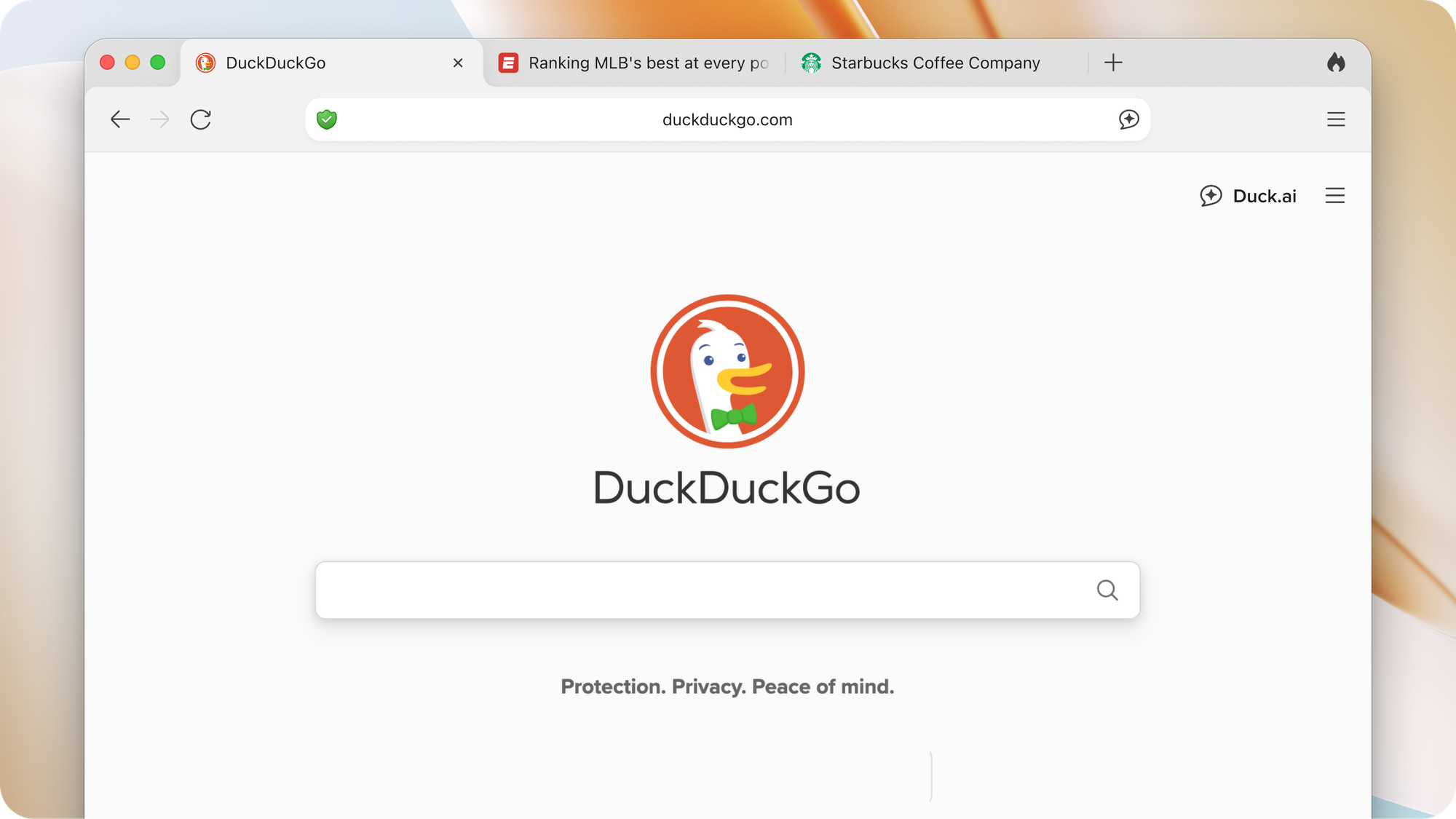 Refreshed browser showing the DuckDuckGo homepage